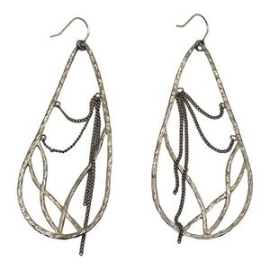 Bohemian Hammered Dangle Earrings Metal and Chain Teardrop Shape